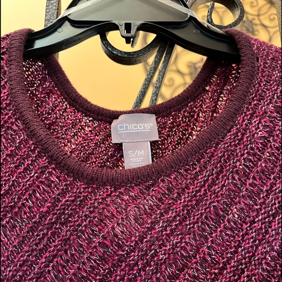 Chico’s Metallic Knit Triangle Poncho In Poppin Wine Berry - Picture 2 of 11
